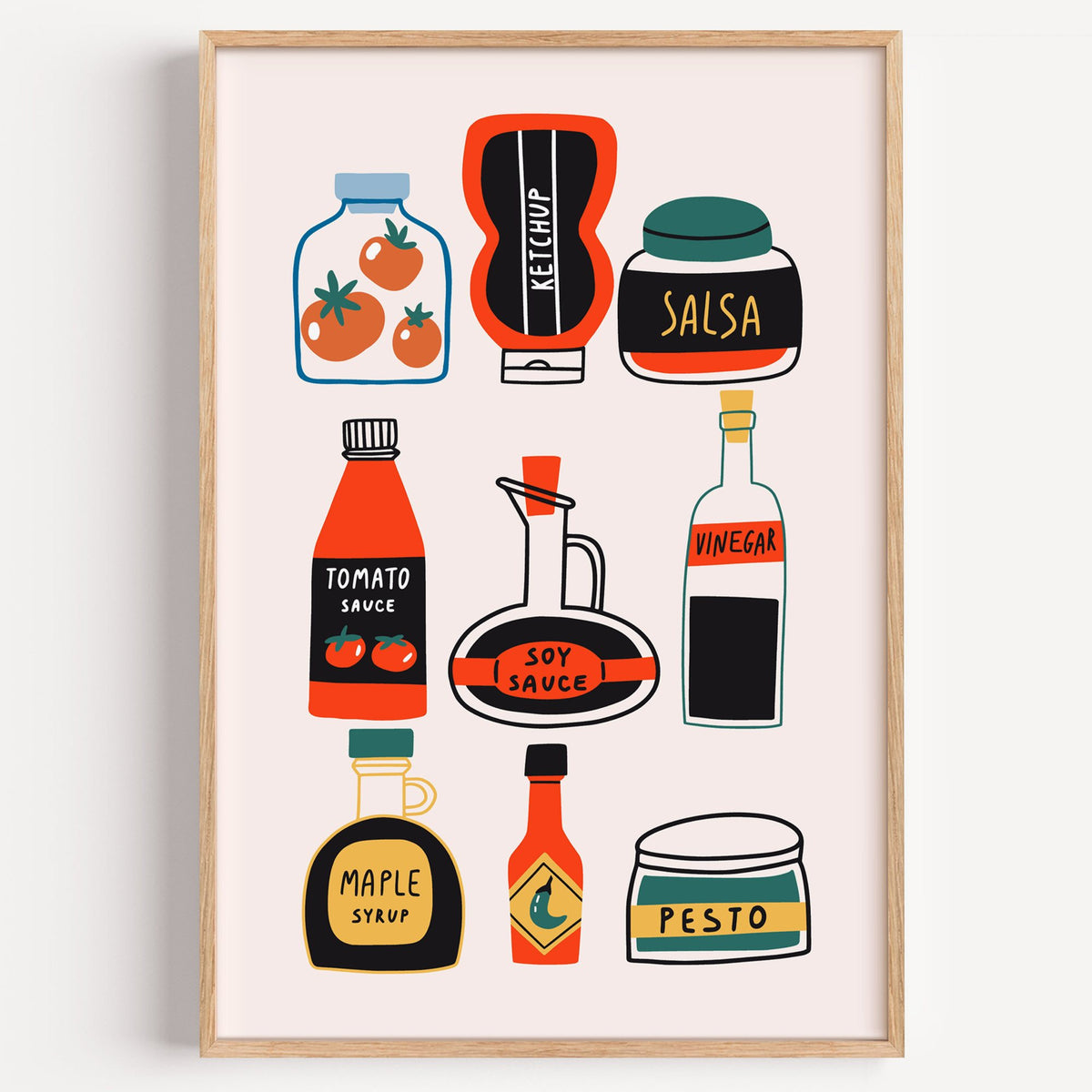 Pantry sauces bottles and jars print in a light oak frame on a plain white wall