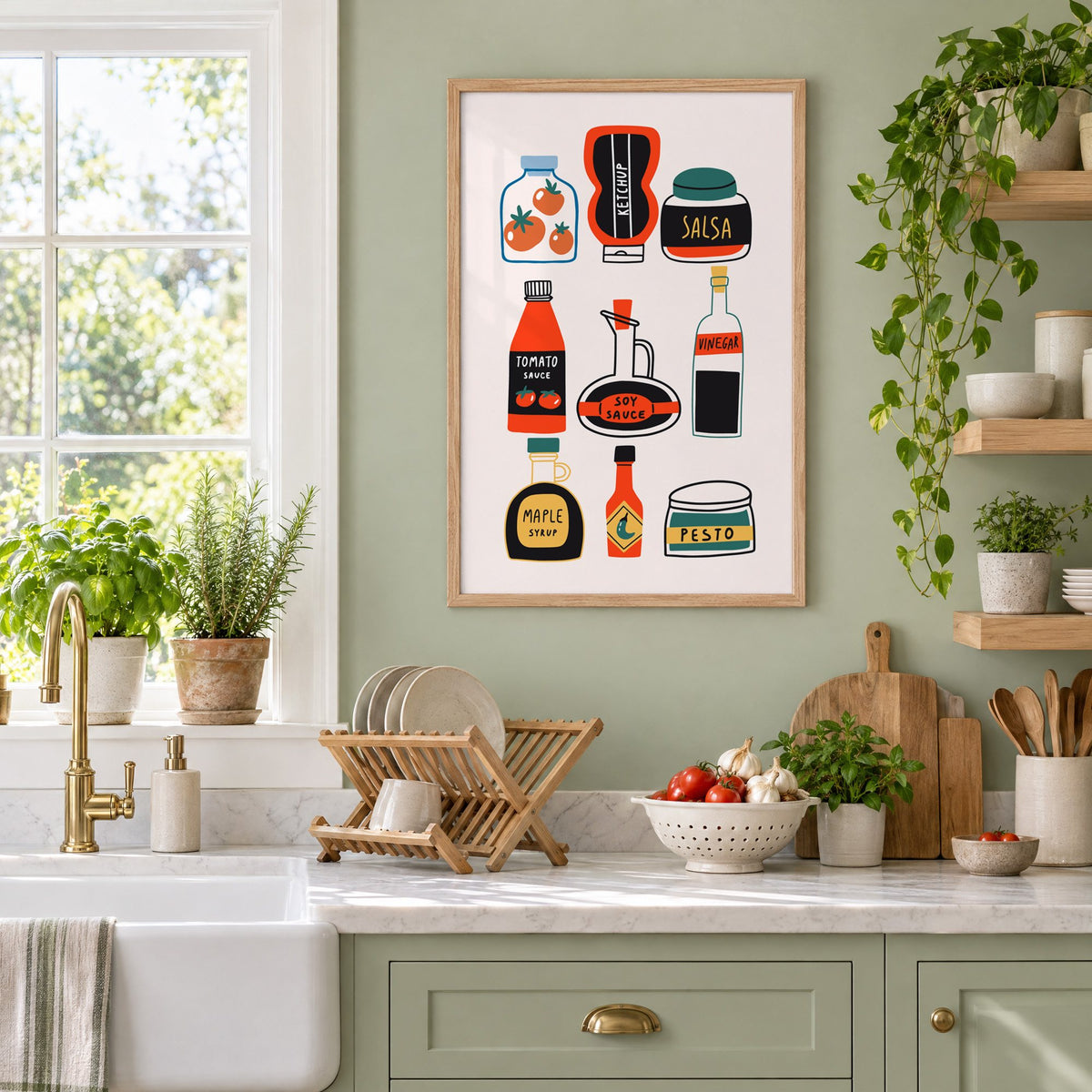 Pantry sauces bottles and jars print in an oak frame on a sage green kitchen wall beside a farmhouse sink and herbs