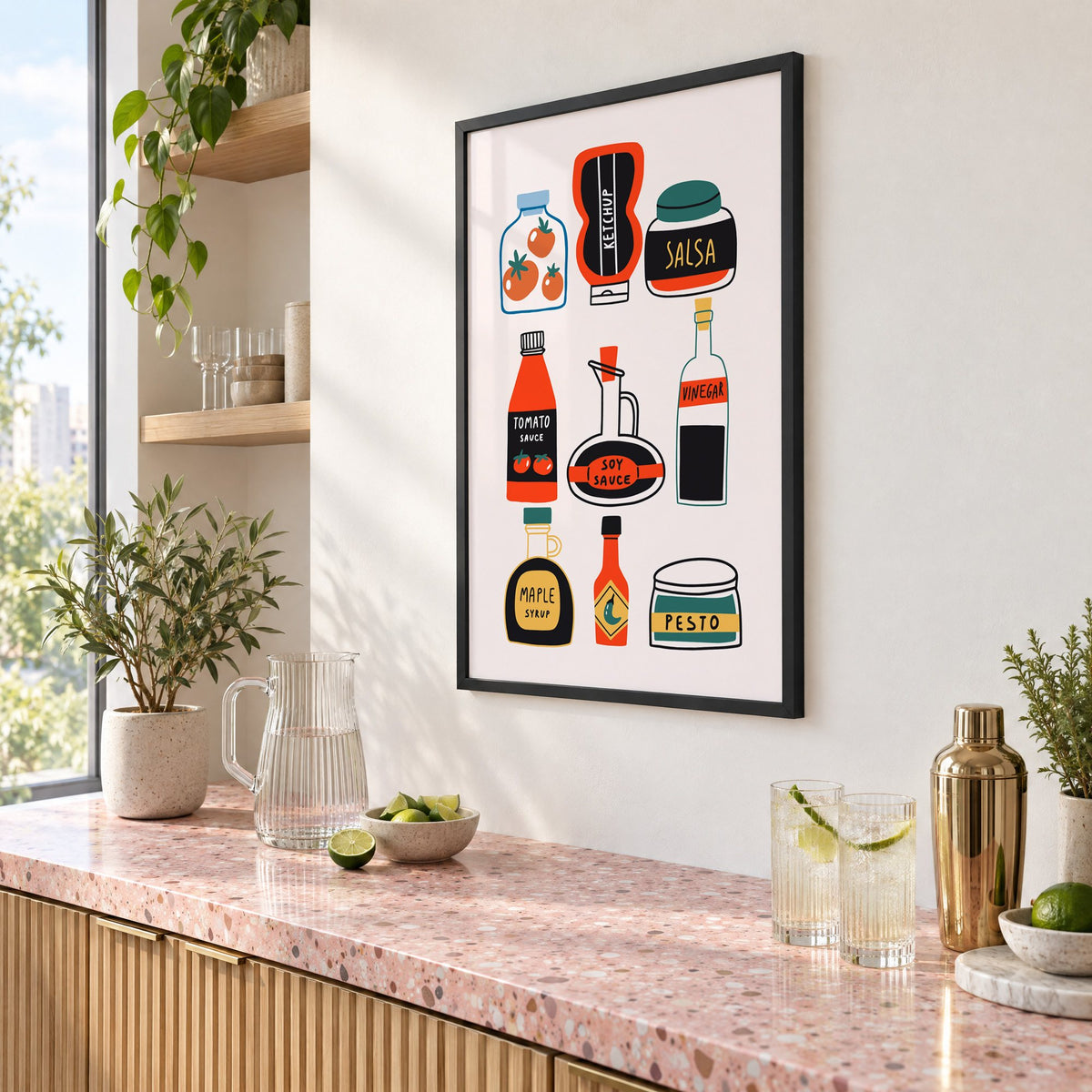 Pantry sauces bottles and jars print in a black frame above a pink terrazzo cocktail counter with limes, seen at an angle