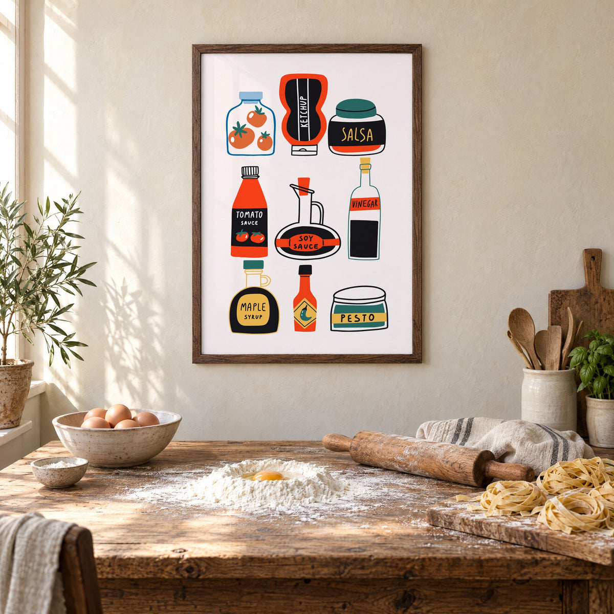 Pantry sauces bottles and jars print in a walnut frame above a rustic table set for making fresh pasta