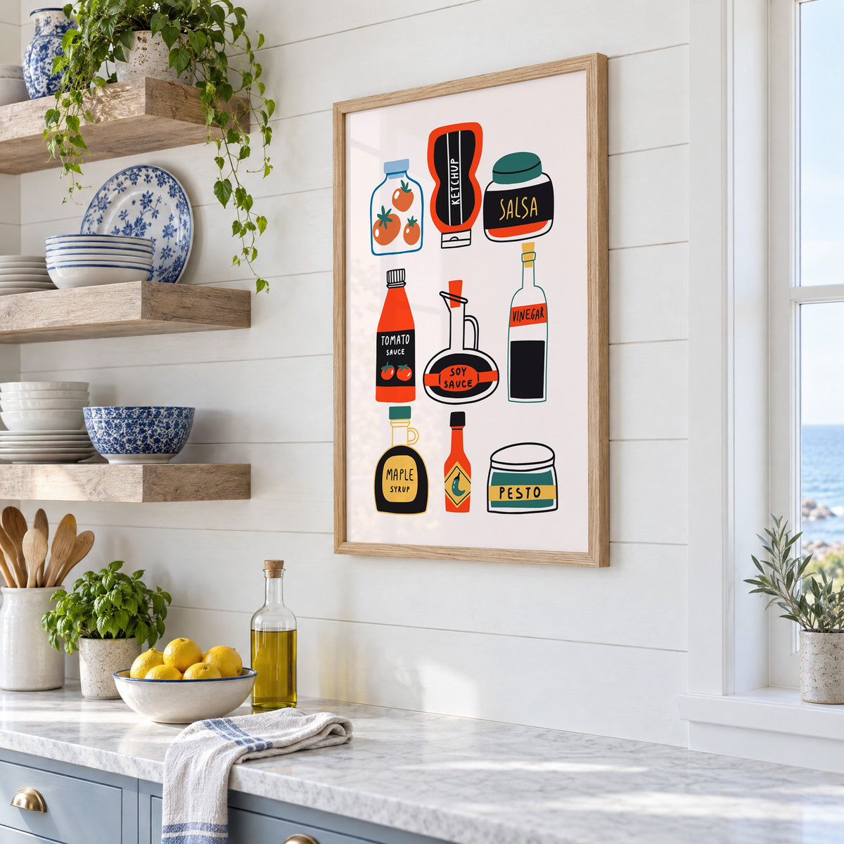 Pantry sauces bottles and jars print in an oak frame in a white coastal kitchen beside blue and white plates