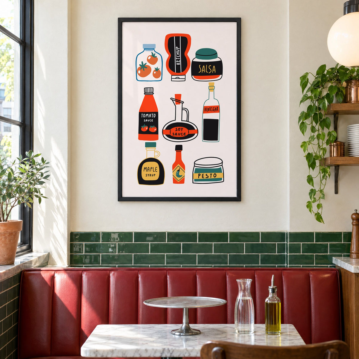 Pantry sauces bottles and jars print in a black frame above a red leather booth in a sunny pizzeria