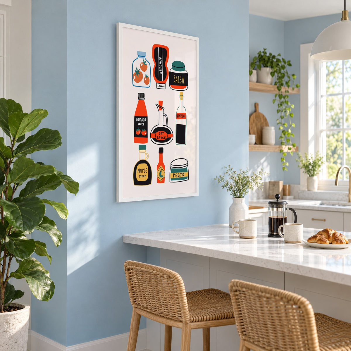 Pantry sauces bottles and jars print in a white frame on a pale blue wall above a breakfast bar with rattan stools