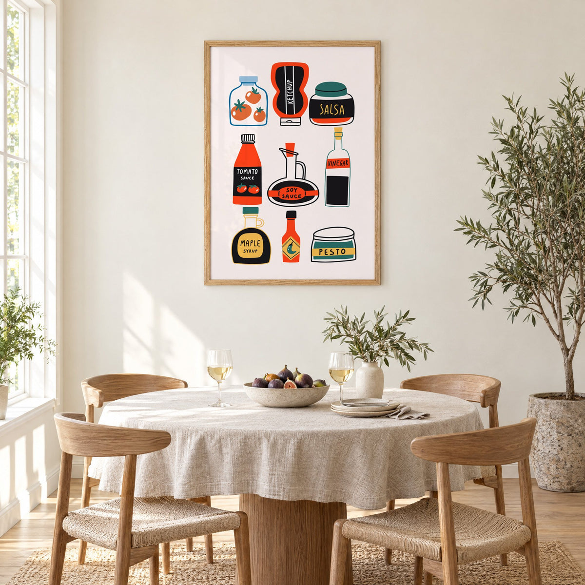 Pantry sauces bottles and jars print in an oak frame above a round linen-covered dining table with figs and wine