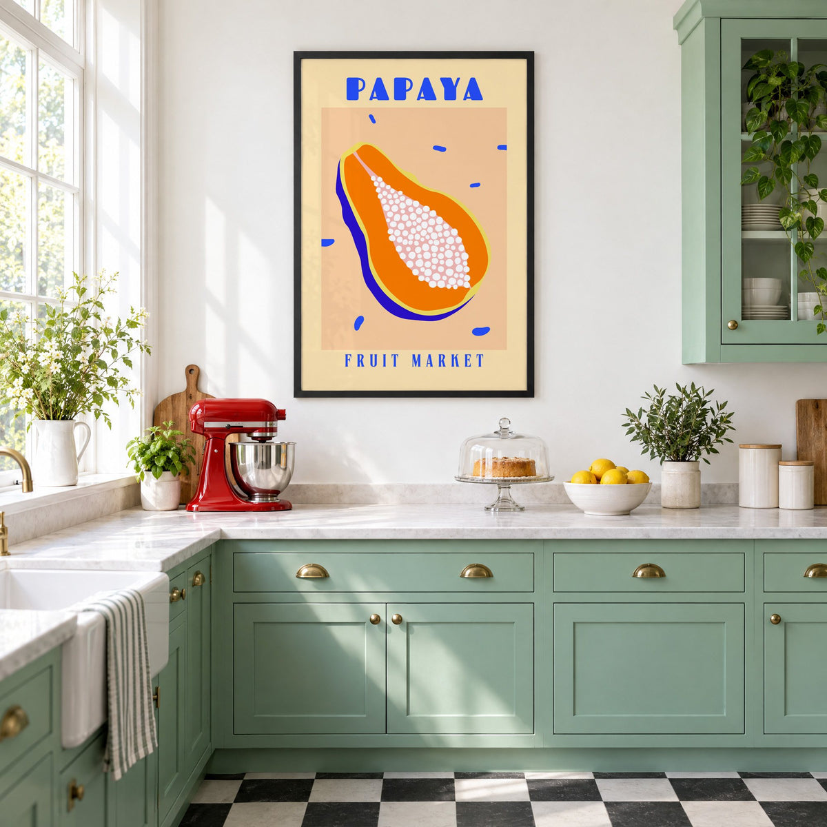 Papaya Fruit Market print in a black frame in a mint green retro kitchen above a red stand mixer