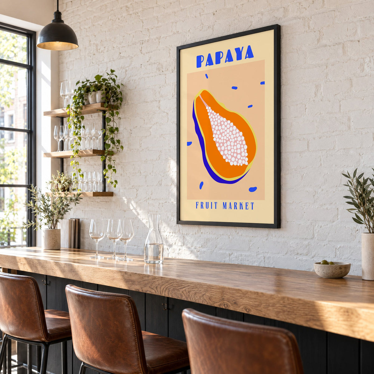 Papaya Fruit Market print in a black frame on a white brick wall above a wine bar counter