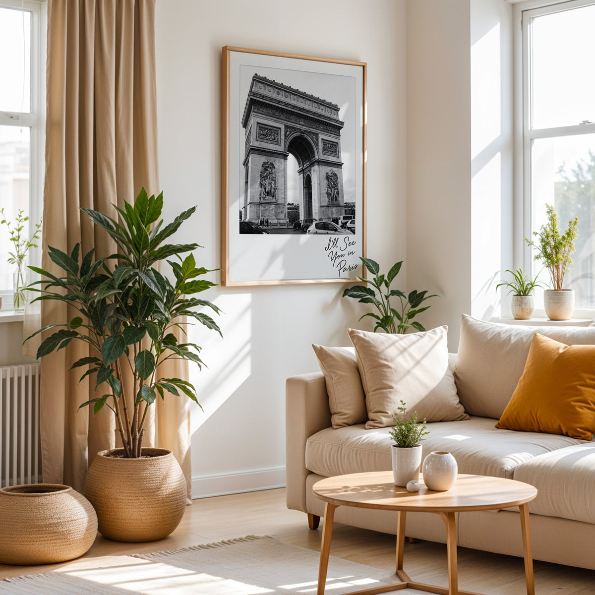 Arc de Triomphe instant photo with Paris script print in an oak frame above a cream sofa beside woven planters
