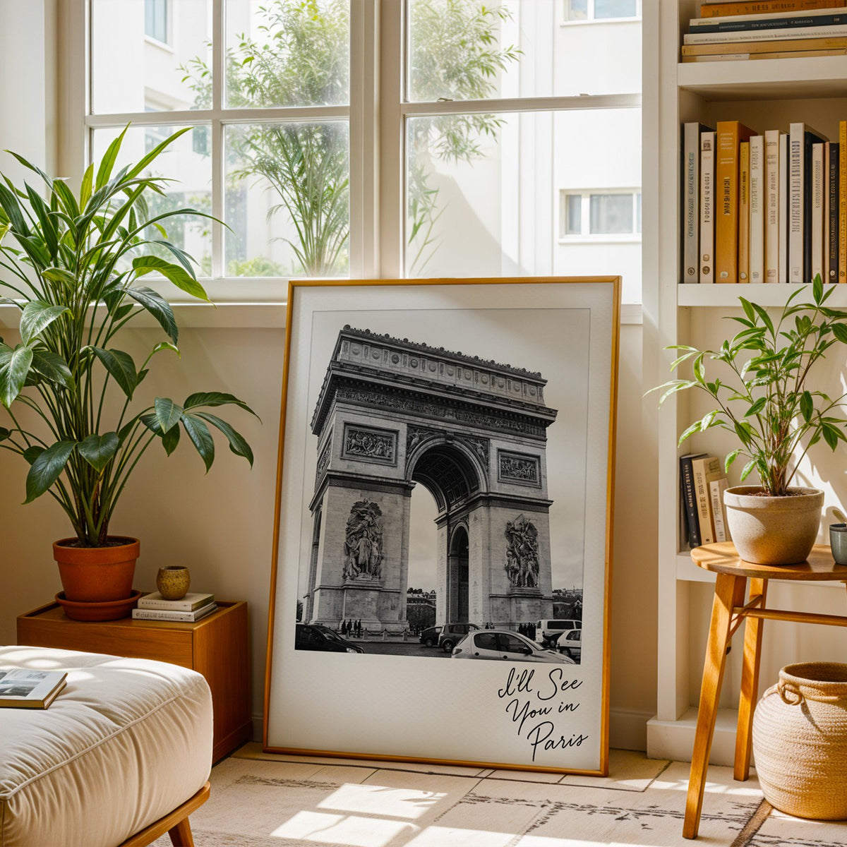 Arc de Triomphe instant photo with Paris script print shown in a brass frame leaning on a sunlit living room floor