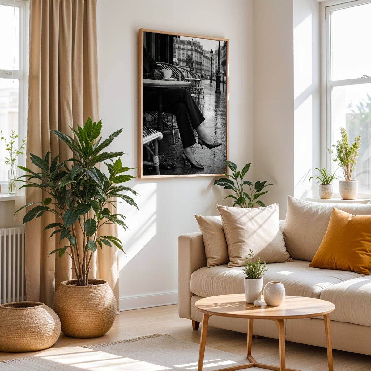Black heels at rainy Paris café table print in an oak frame above a cream sofa beside woven planters