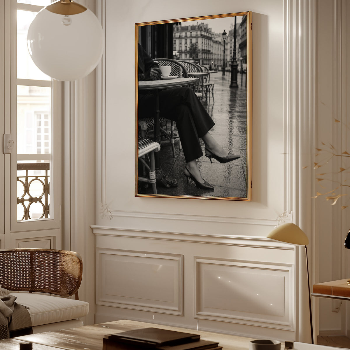 Black heels at rainy Paris café table print shown in a gold frame in a Parisian paneled living room