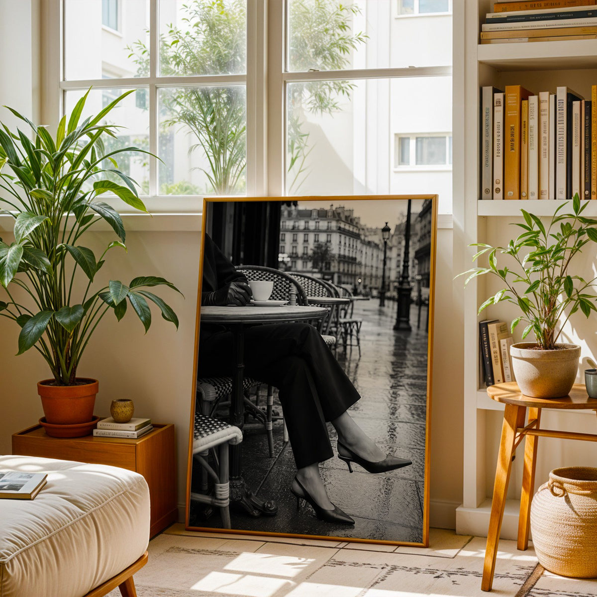 Black heels at rainy Paris café table print shown in a brass frame leaning on a sunlit living room floor