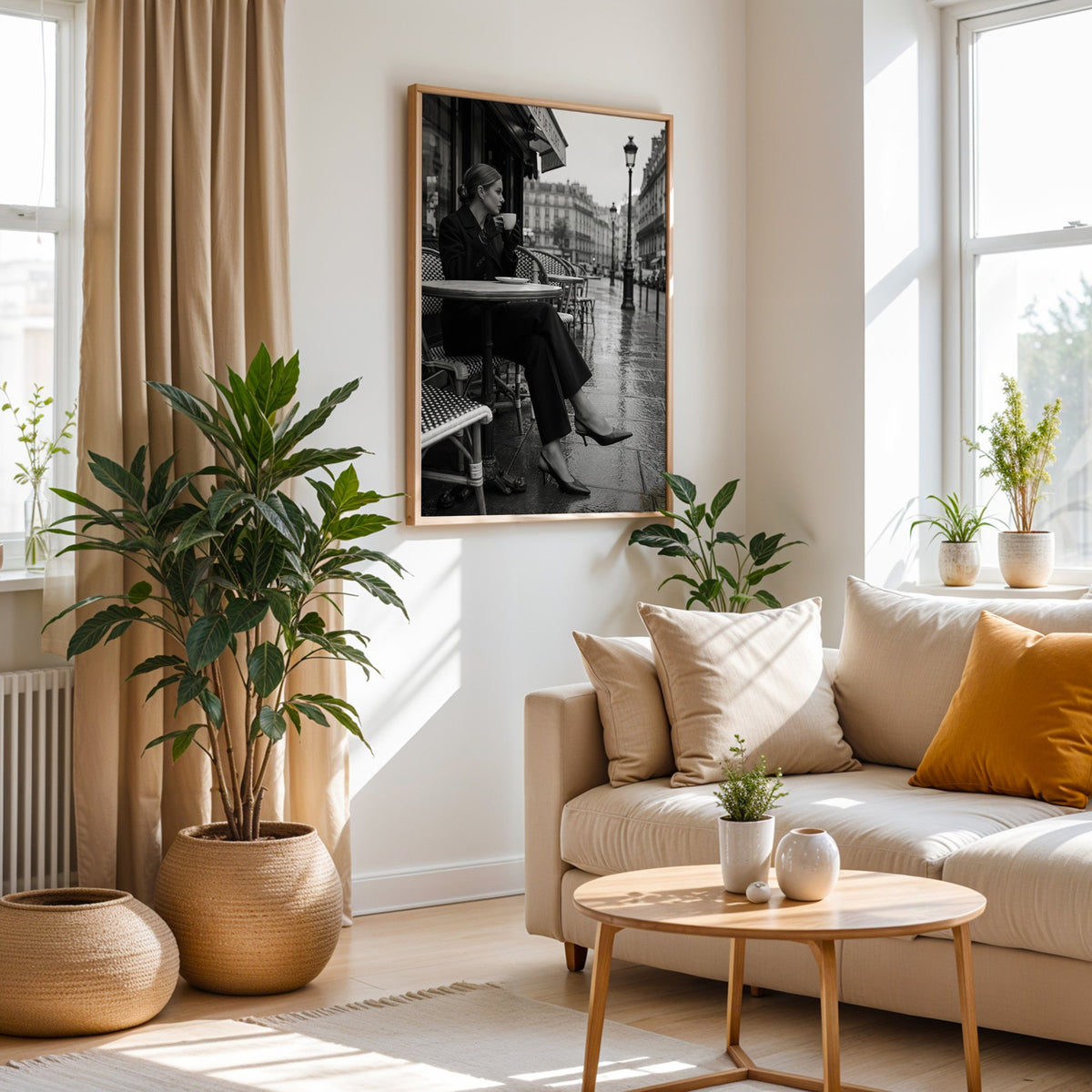 Black and white Paris cafe woman with coffee print in an oak frame above a cream sofa beside woven planters