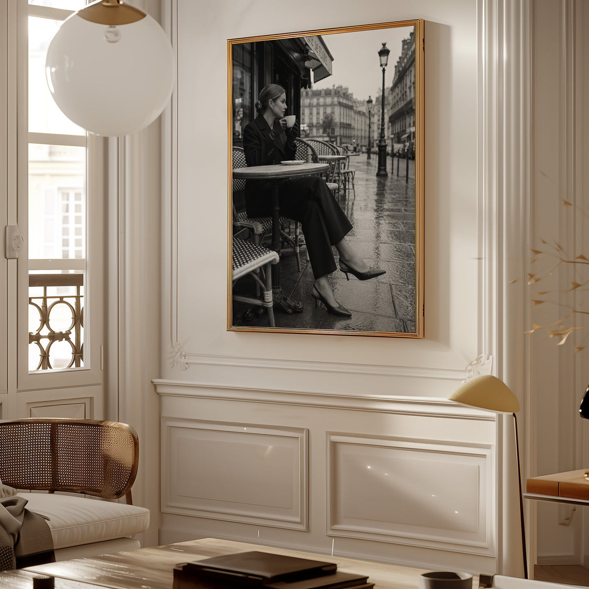 Black and white Paris cafe woman with coffee print shown in a gold frame in a Parisian paneled living room