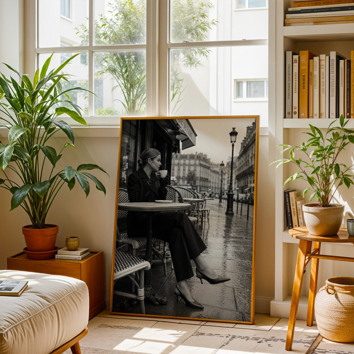 Black and white Paris cafe woman with coffee print shown in a brass frame leaning on a sunlit living room floor