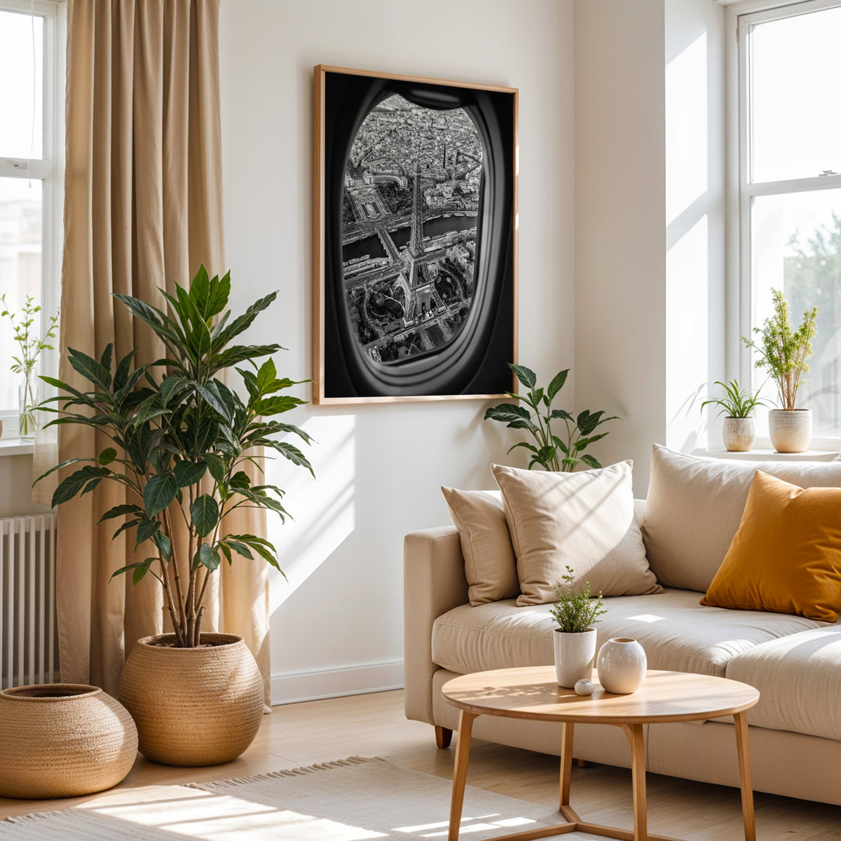 Eiffel Tower seen through an airplane window print in an oak frame above a cream sofa beside woven planters