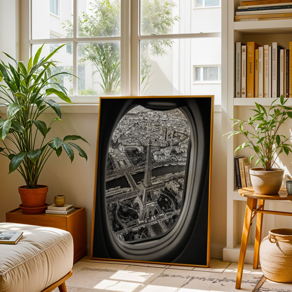 Eiffel Tower seen through an airplane window print shown in a brass frame leaning on a sunlit living room floor