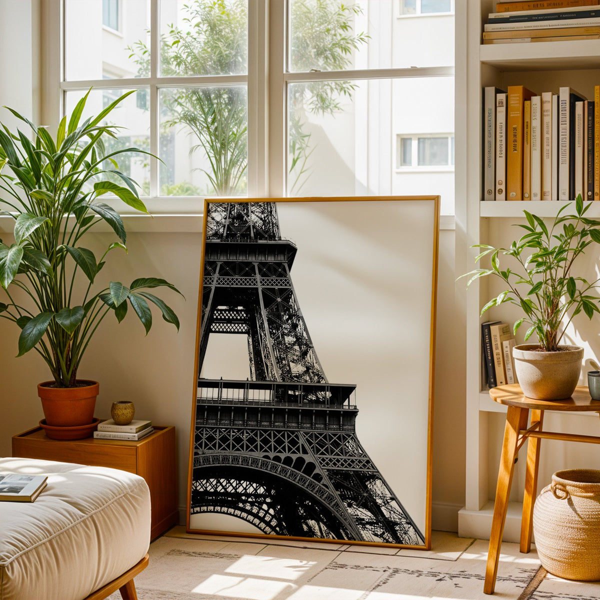Eiffel Tower close-up on white background print shown in a brass frame leaning on a sunlit living room floor