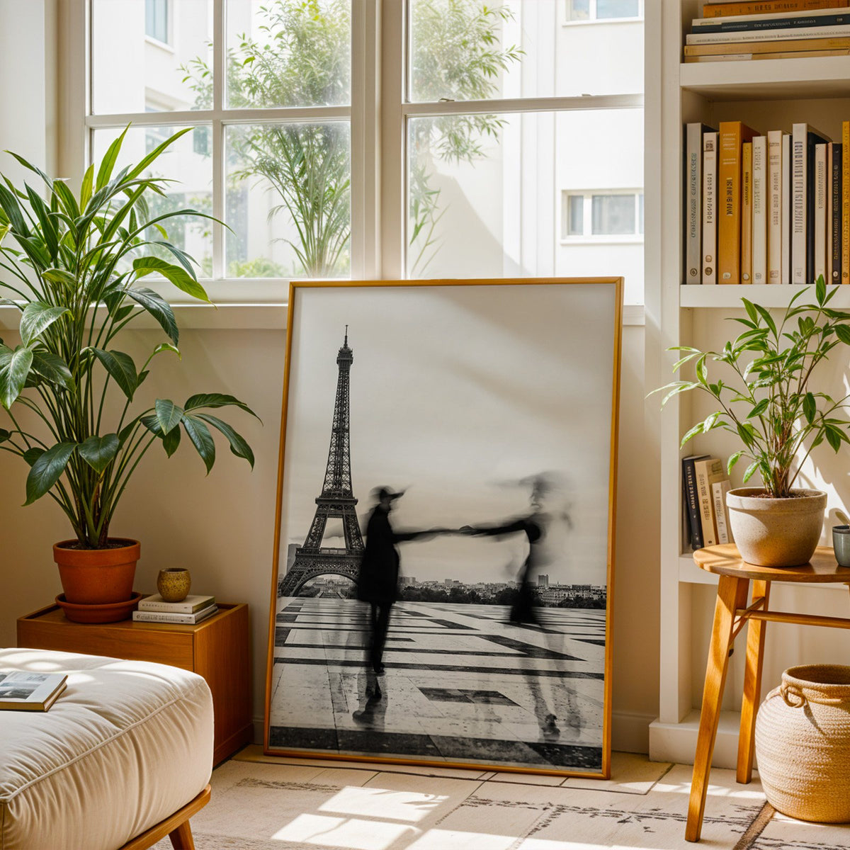 Blurred couple twirling near the Eiffel Tower print shown in a brass frame leaning on a sunlit living room floor