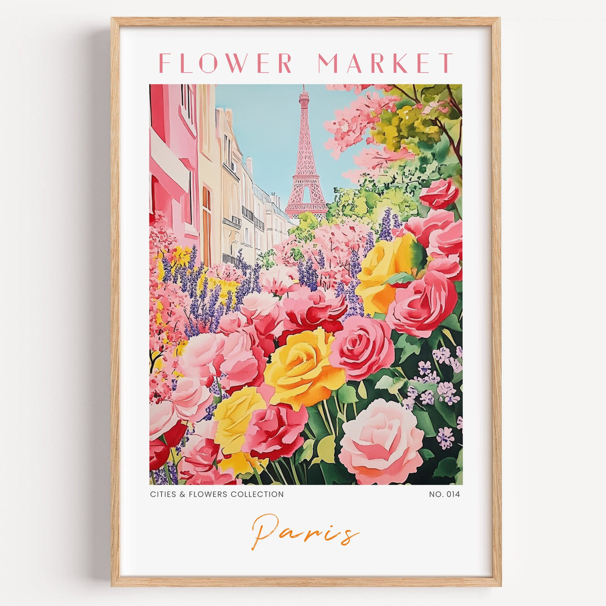 Paris flower market print in a light oak frame on a plain white wall