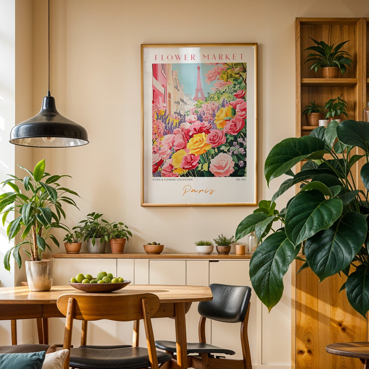 Paris flower market print in an oak frame above a dining sideboard lined with potted plants