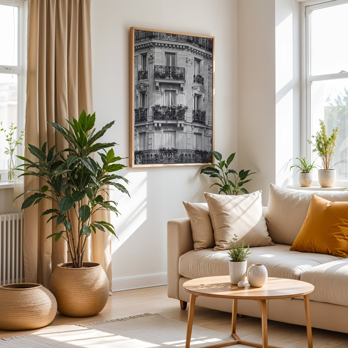 Paris facade with wrought iron balconies print in an oak frame above a cream sofa beside woven planters
