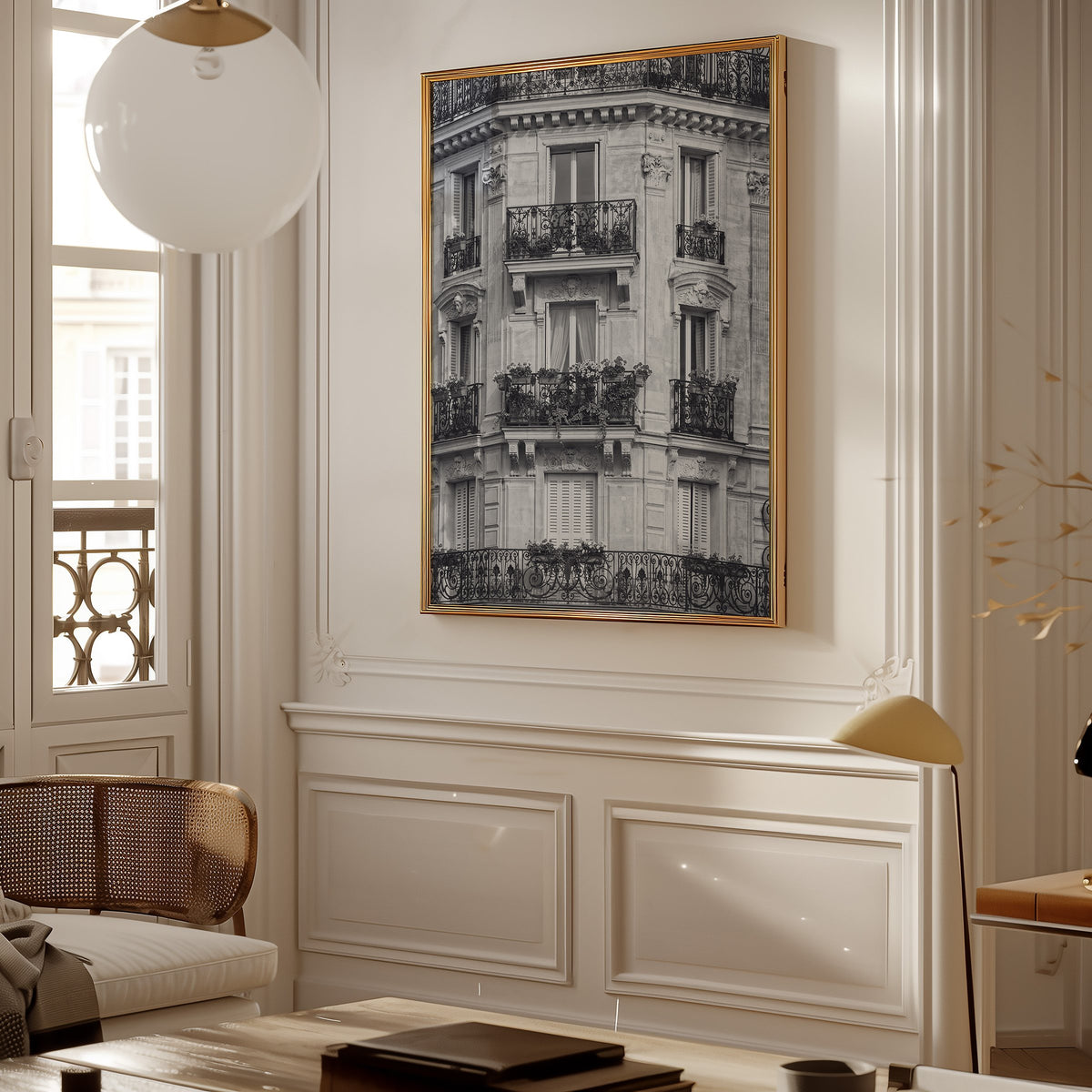 Paris facade with wrought iron balconies print shown in a gold frame in a Parisian paneled living room