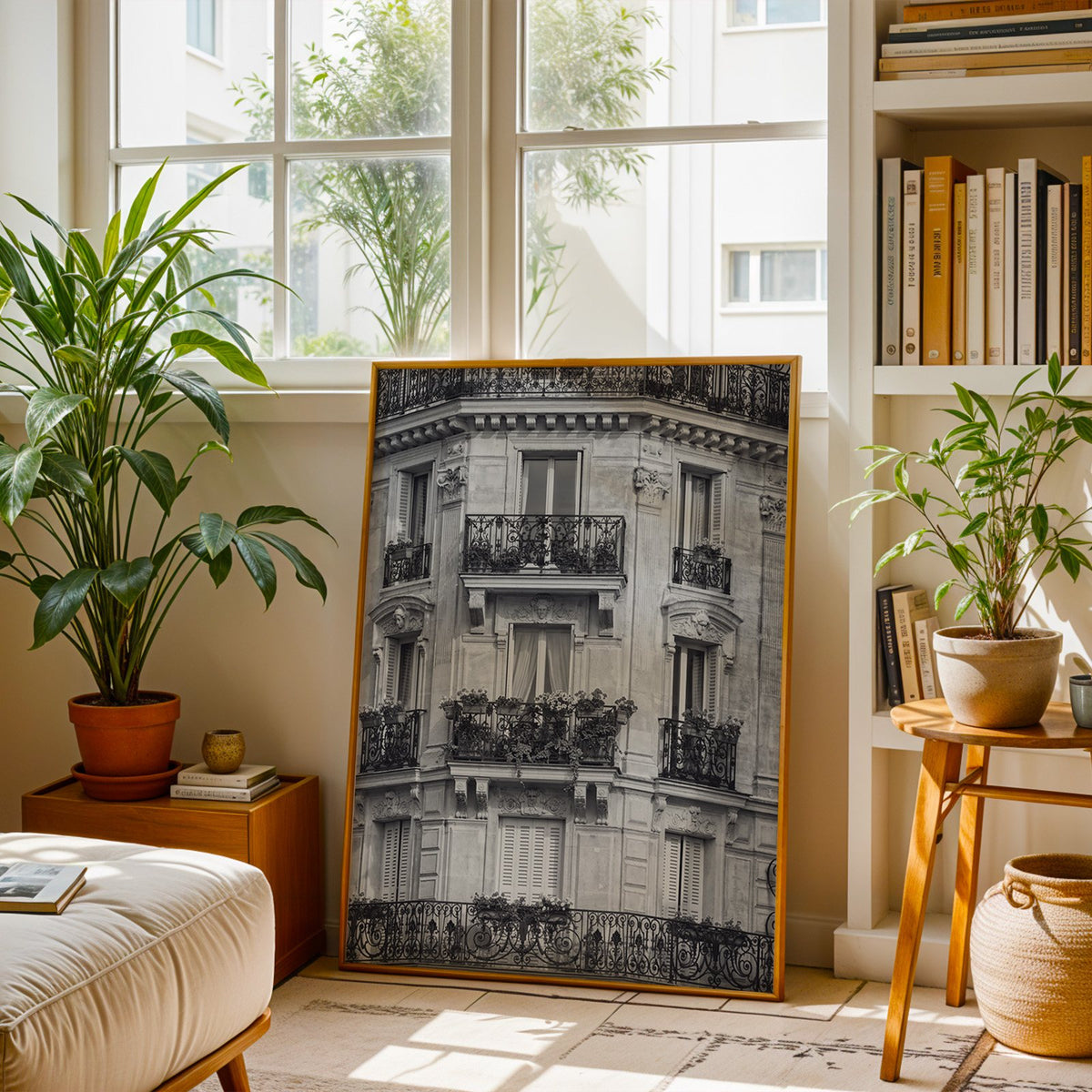 Paris facade with wrought iron balconies print shown in a brass frame leaning on a sunlit living room floor
