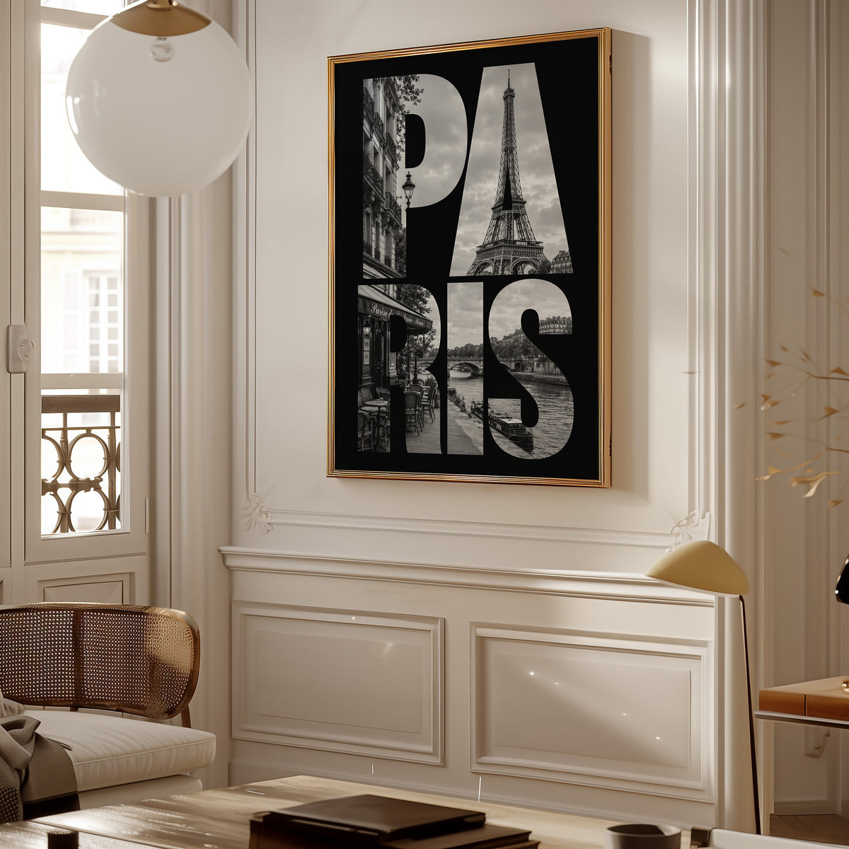Paris letters filled with Eiffel Tower photo print shown in a gold frame in a Parisian paneled living room
