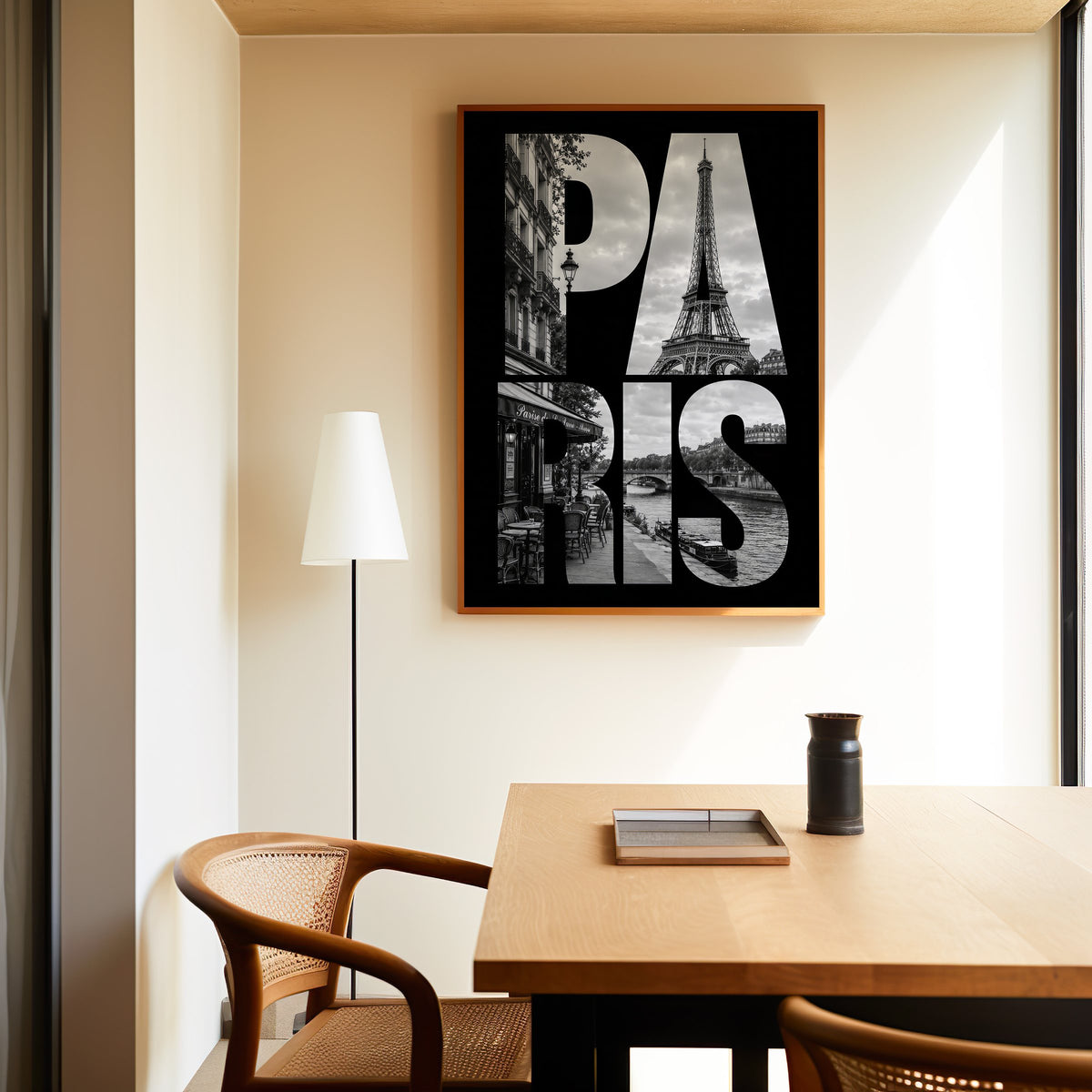 Paris letters filled with Eiffel Tower photo print in an oak frame above a dining table and cane chair