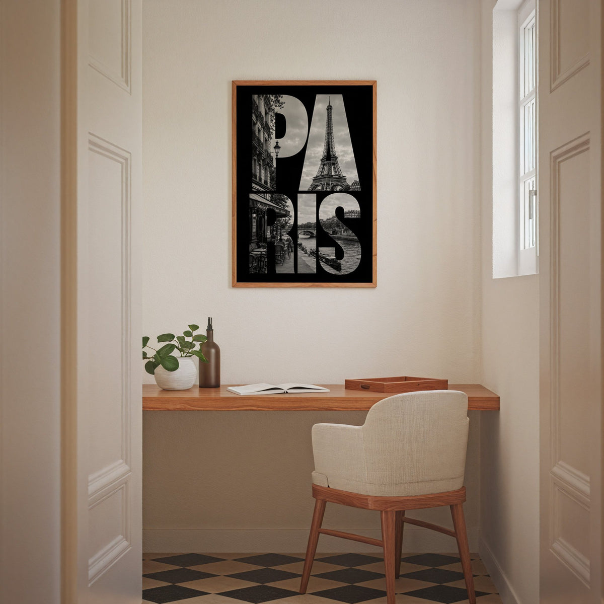 Paris letters filled with Eiffel Tower photo print in an oak frame above a home office desk nook