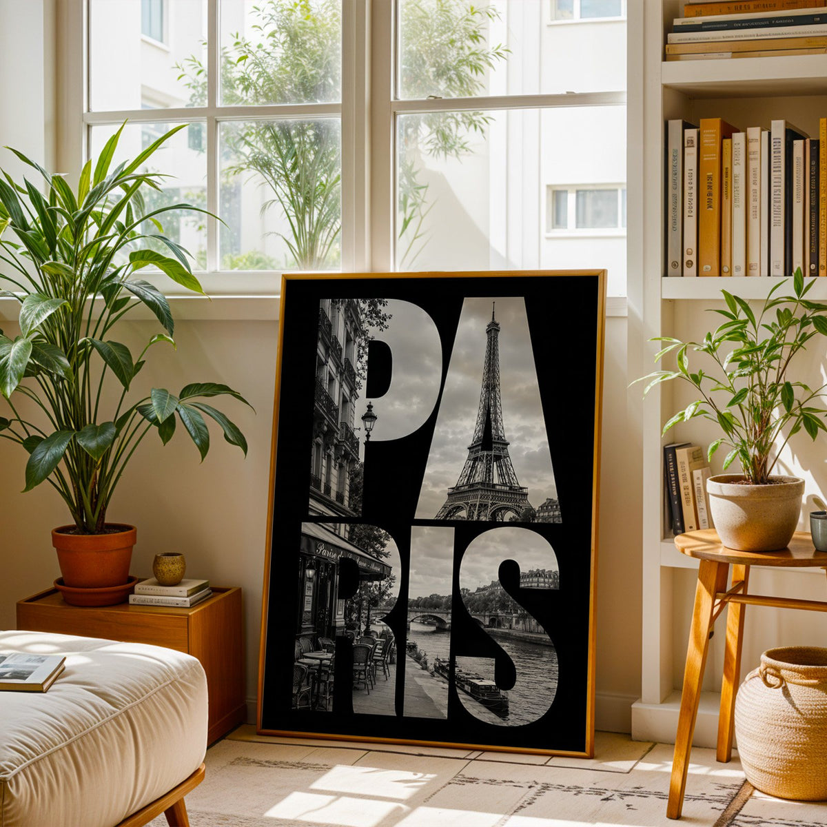 Paris letters filled with Eiffel Tower photo print shown in a brass frame leaning on a sunlit living room floor