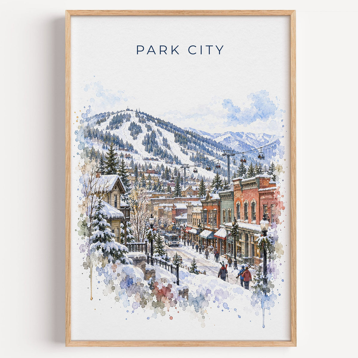 Park City watercolor print in a light oak frame on a plain white wall