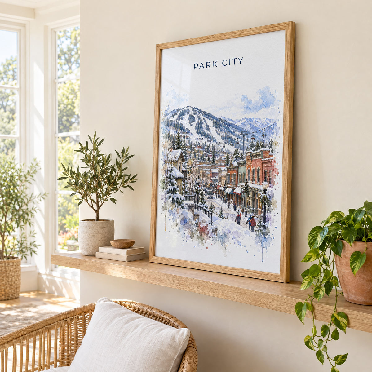 Park City watercolor print in an oak frame on a picture ledge in a sunlit sunroom