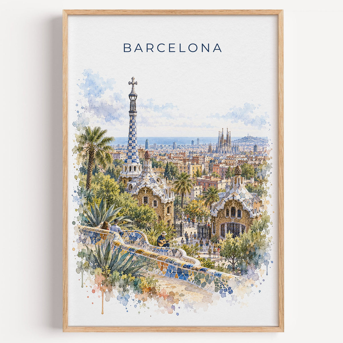 Park Güell watercolor print in a light oak frame on a plain white wall