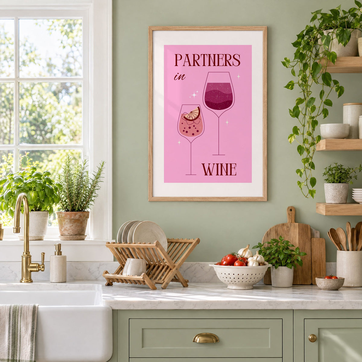 Partners in Wine two glasses pink print in an oak frame on a sage green kitchen wall beside a farmhouse sink and herbs