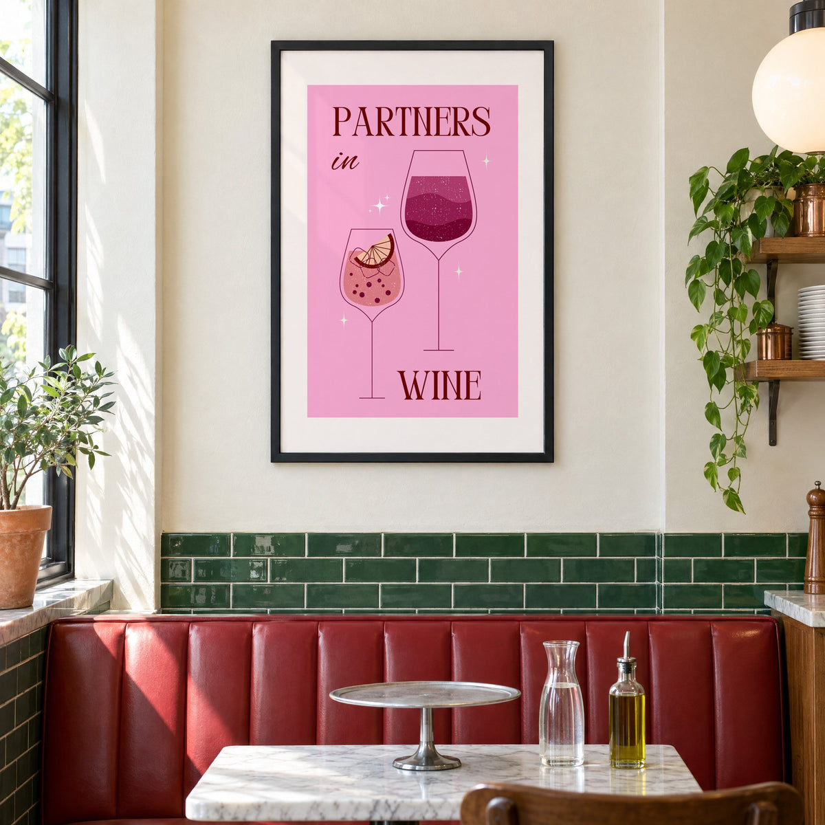 Partners in Wine two glasses pink print in a black frame above a red leather booth in a sunny pizzeria