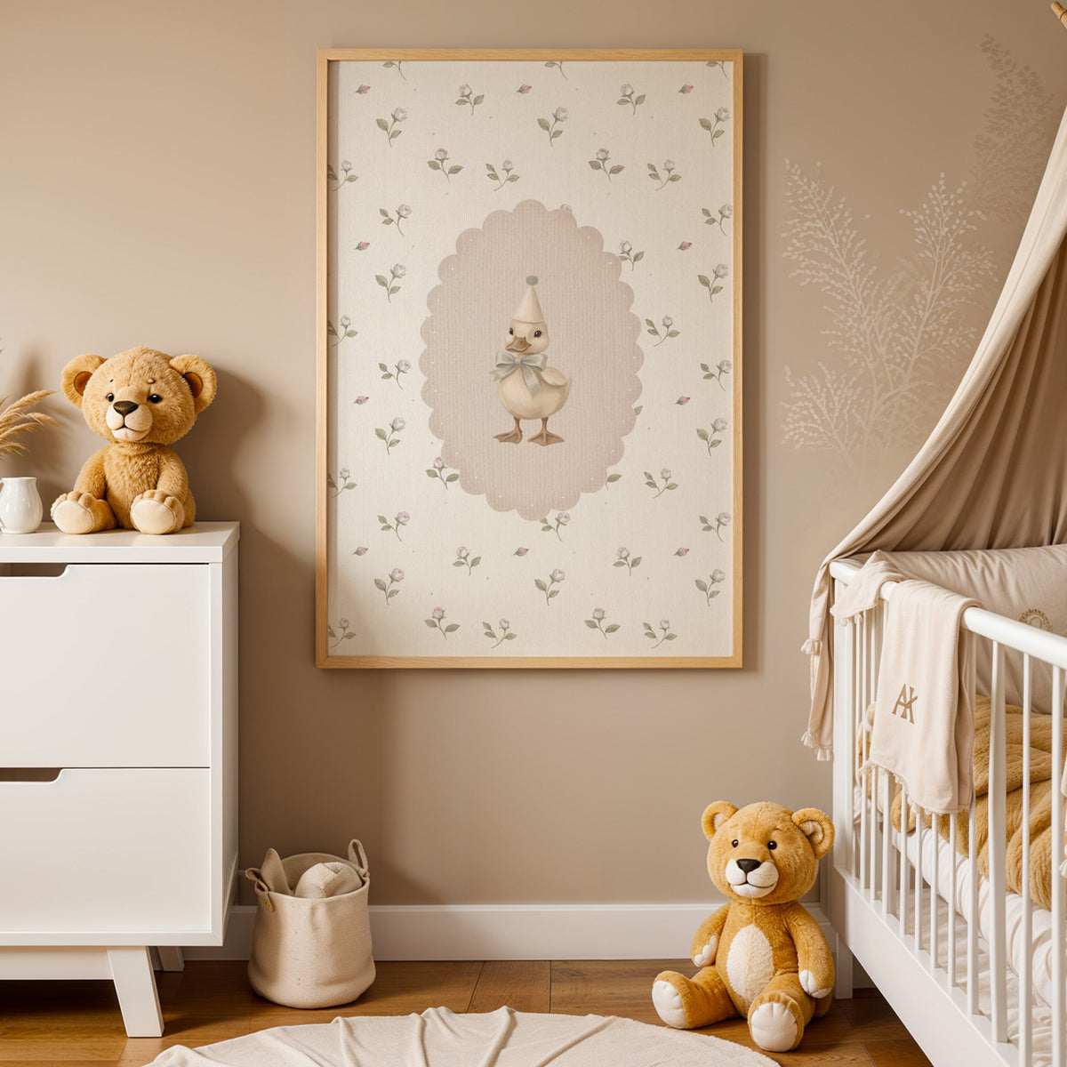 Party duckling in a blush scalloped oval nursery print in an oak frame between a white dresser and a canopy crib