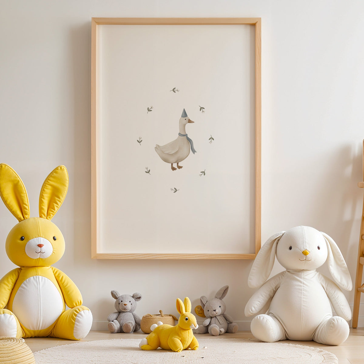 Goose in a blue party hat and scarf nursery print in an oak frame above yellow and white plush bunnies