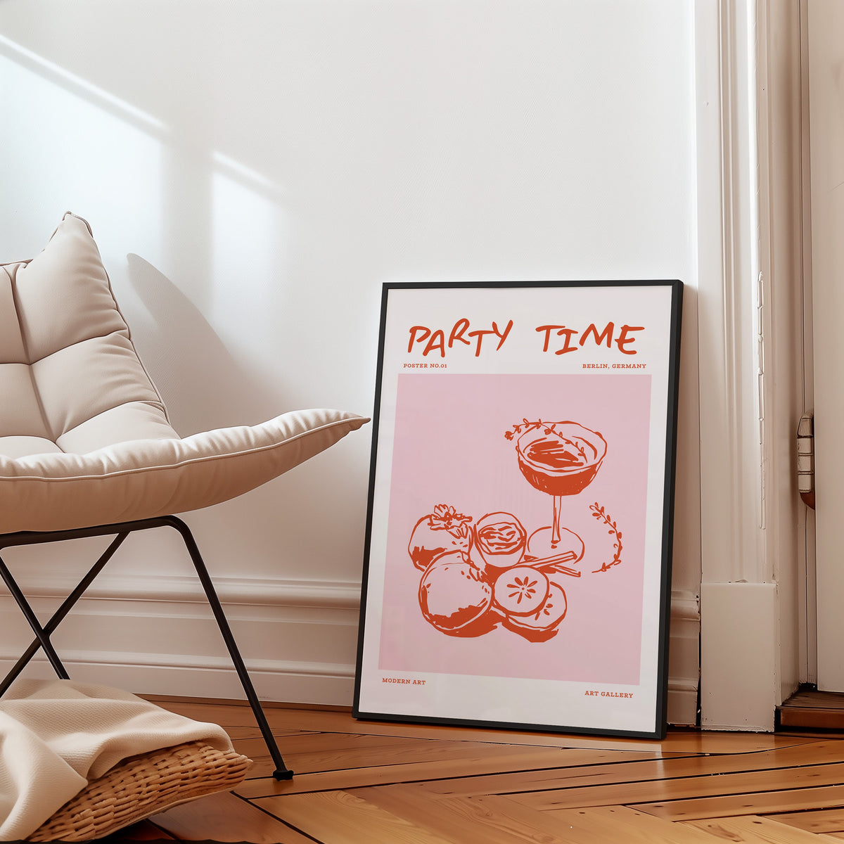 Party Time coupe print in a black frame on a parquet floor