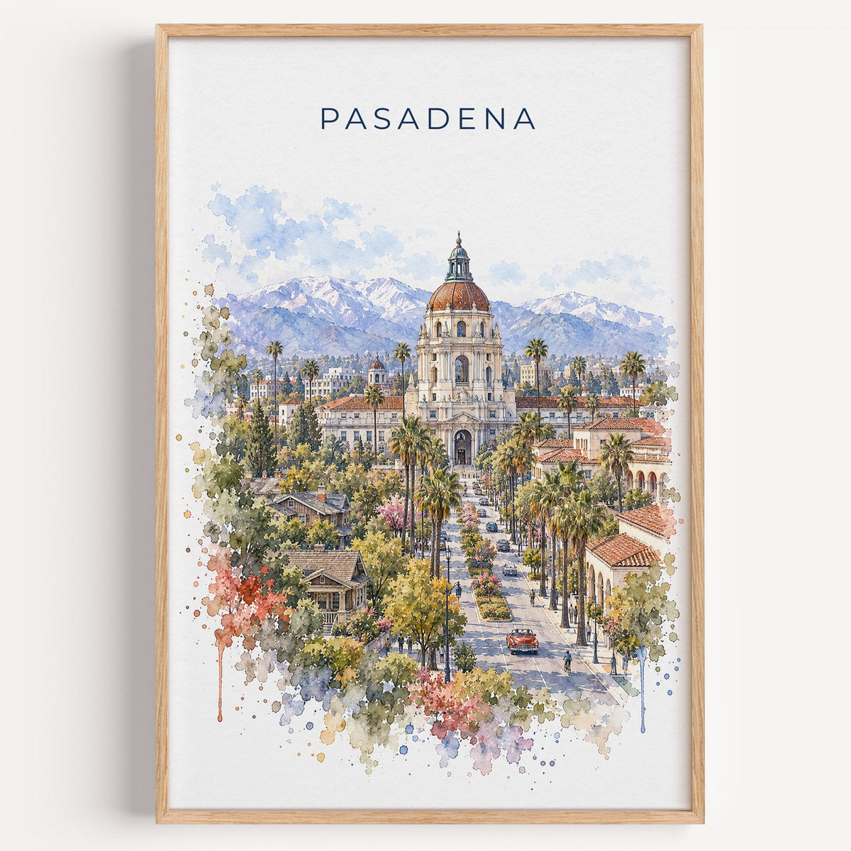 Pasadena watercolor print in a light oak frame on a plain white wall