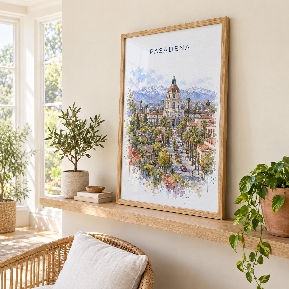 Pasadena watercolor print in an oak frame on a picture ledge in a sunlit sunroom