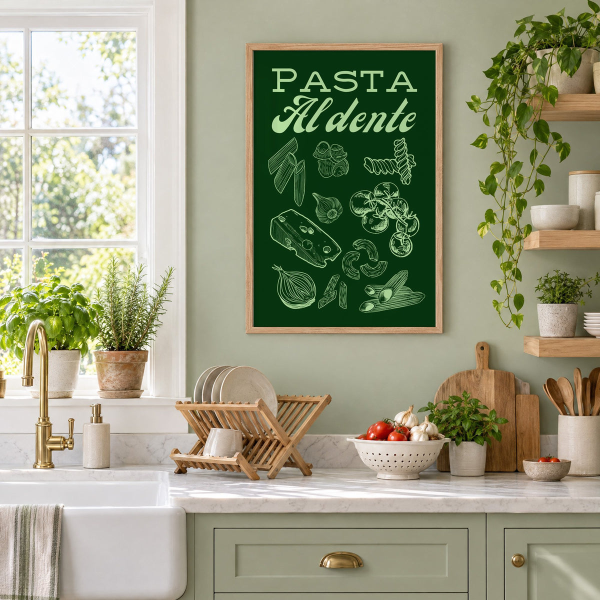 Pasta Al dente engraved green print in an oak frame on a sage green kitchen wall beside a farmhouse sink and herbs
