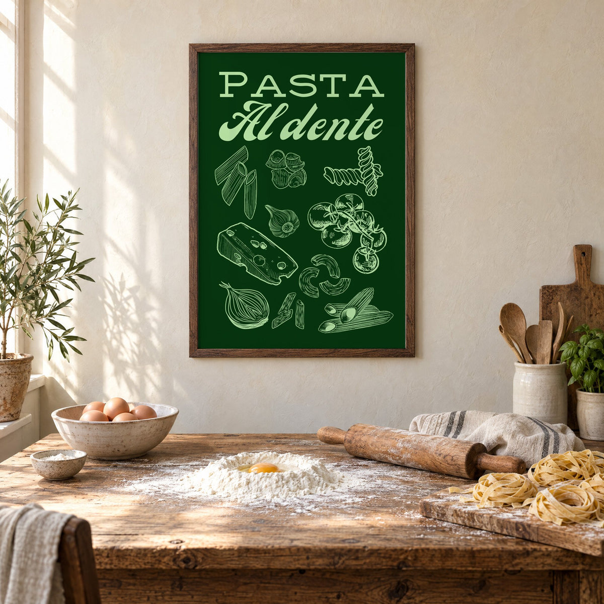 Pasta Al dente engraved green print in a walnut frame above a rustic table set for making fresh pasta