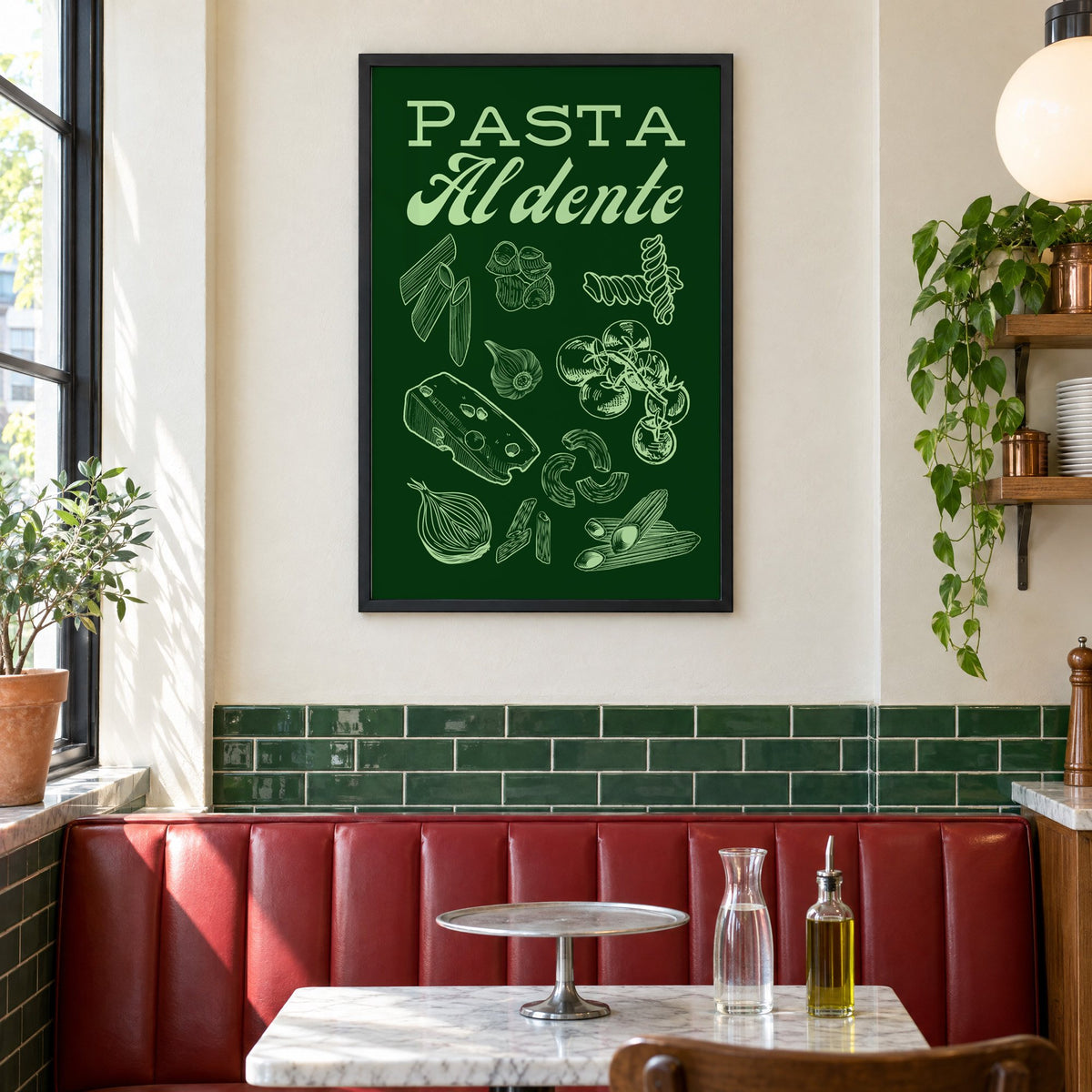 Pasta Al dente engraved green print in a black frame above a red leather booth in a sunny pizzeria