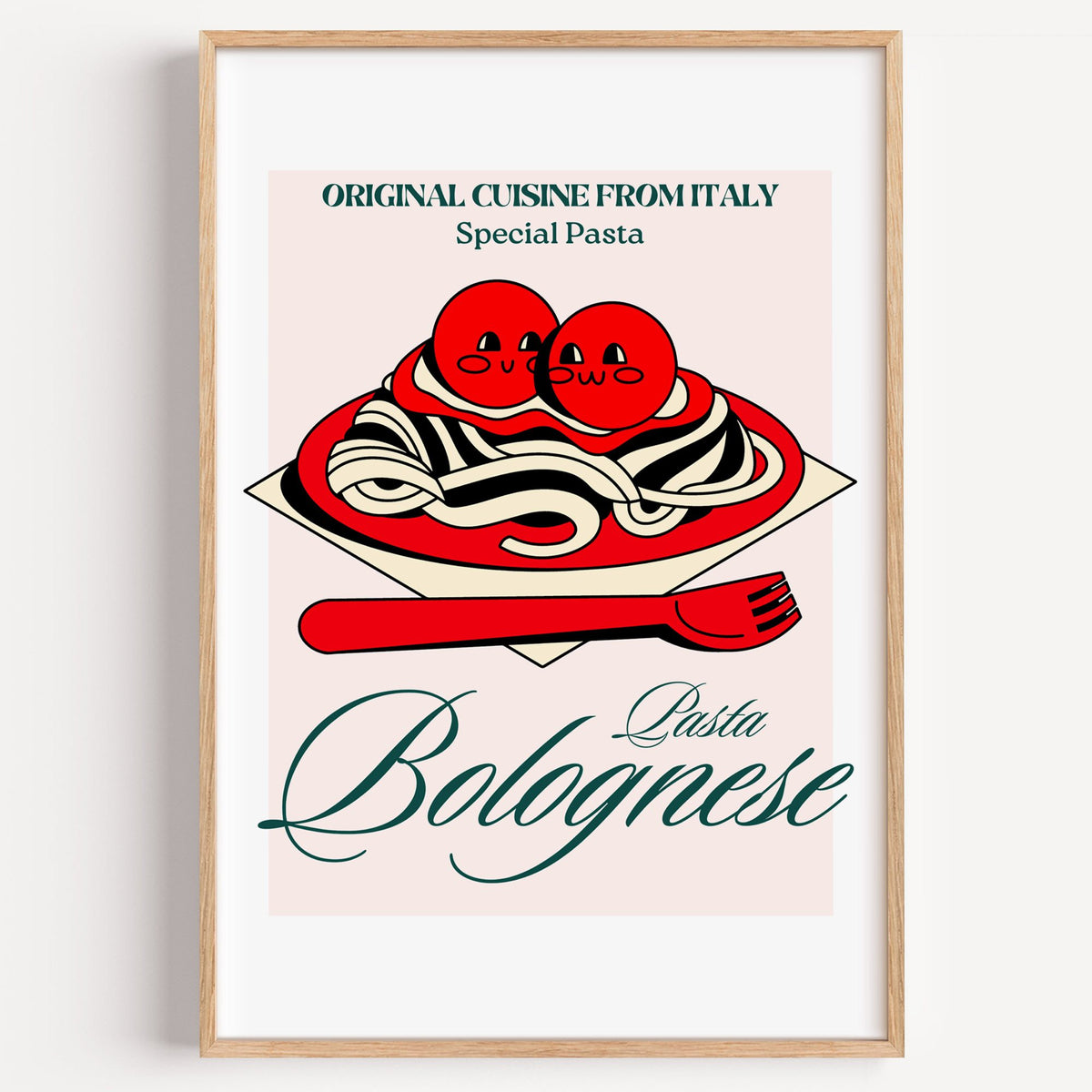 Pasta Bolognese smiling meatballs print in a light oak frame on a plain white wall