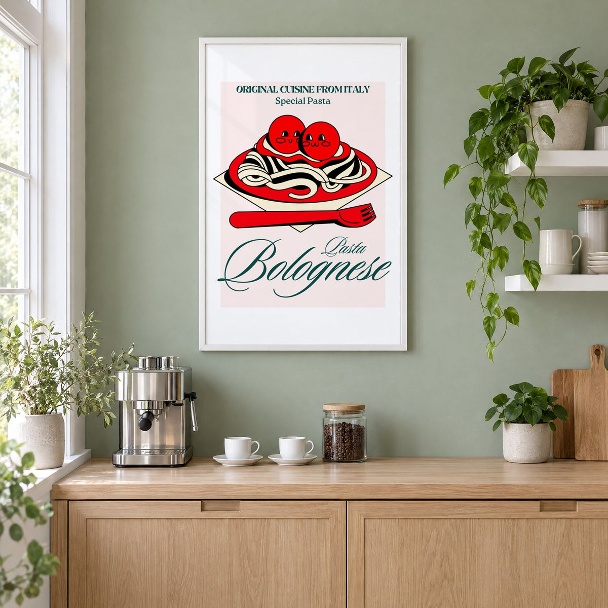 Pasta Bolognese smiling meatballs print in a white frame on a sage green coffee nook wall above an espresso machine