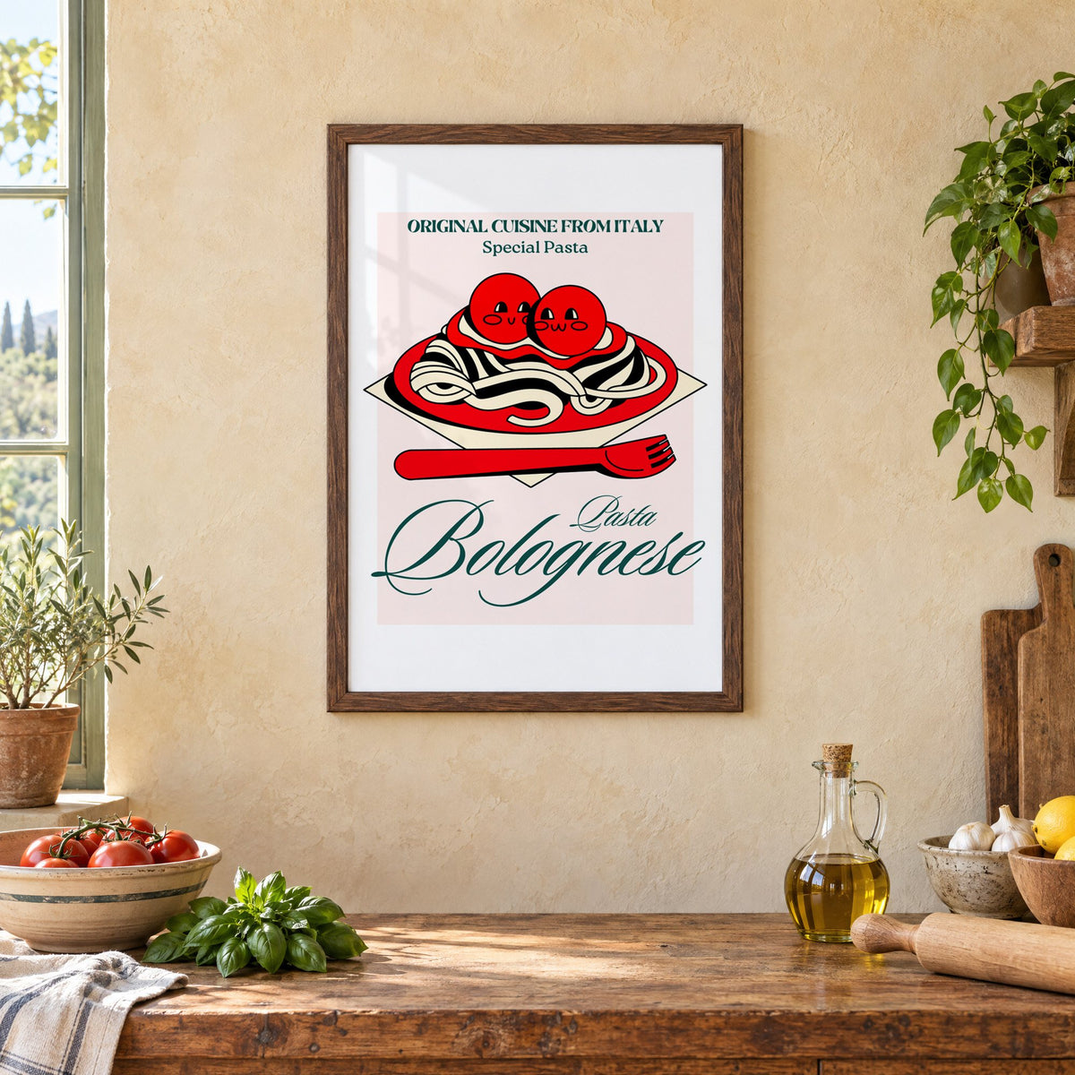 Pasta Bolognese smiling meatballs print in a walnut frame above a rustic Italian kitchen table with tomatoes