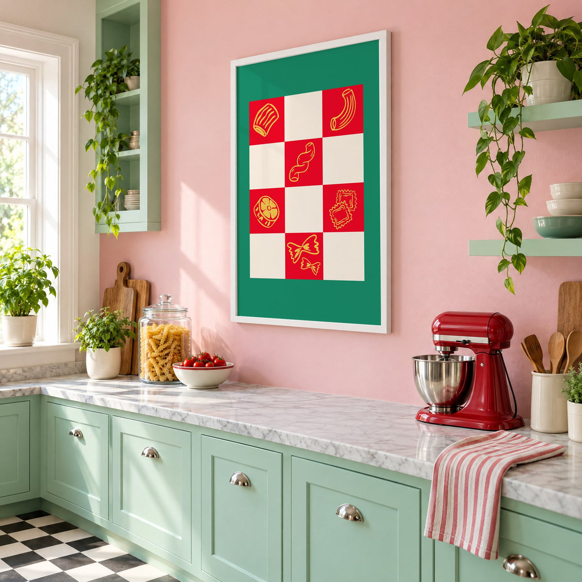 Red checkerboard pasta shapes print with green border in a white frame on a pink wall above mint green cabinets in a retro kitchen, seen at an angle