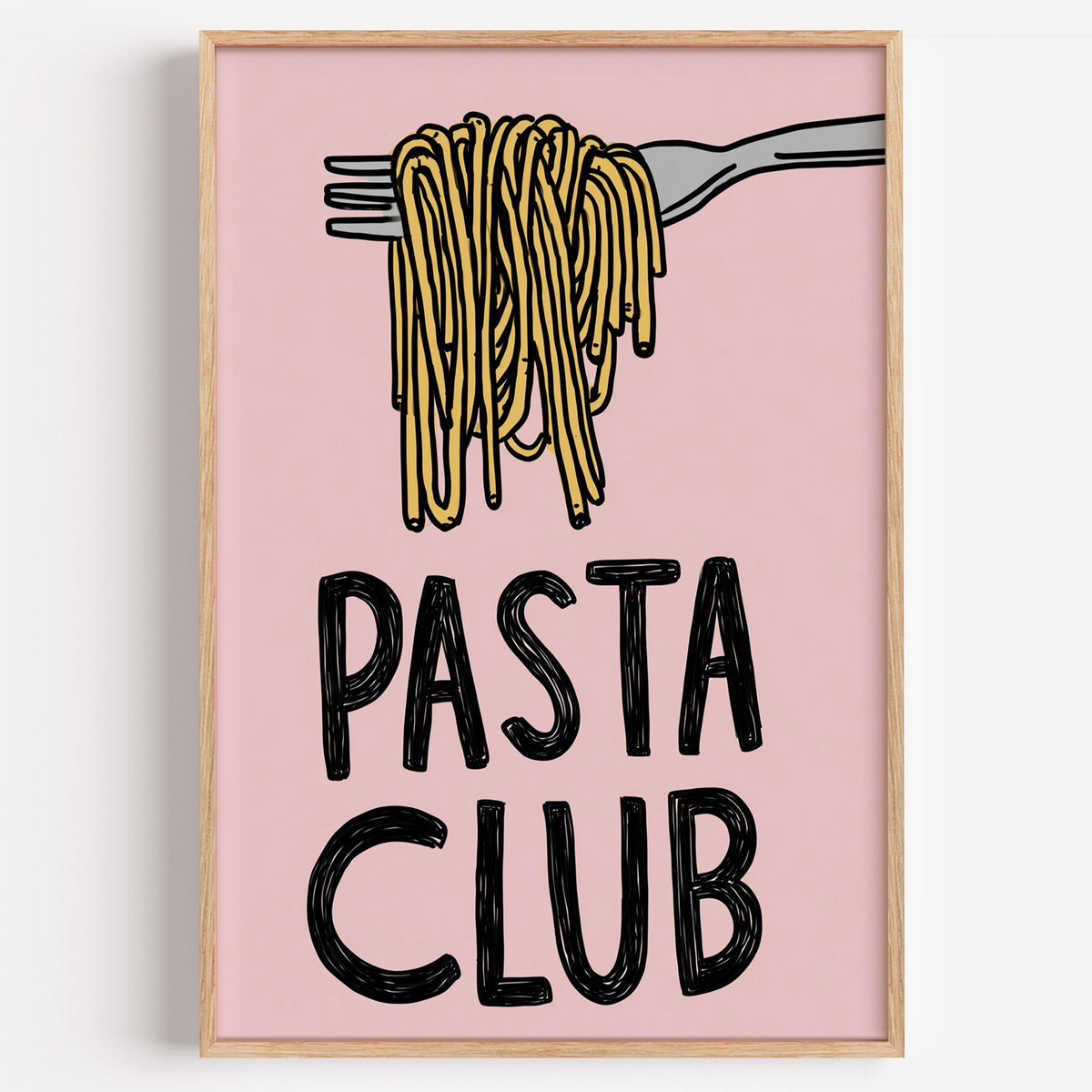 Pasta Club pink fork print in a light oak frame on a plain white wall