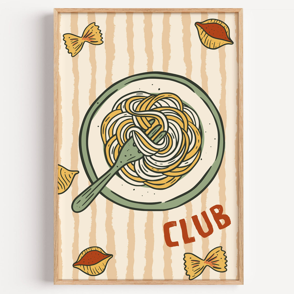 Pasta Club spaghetti bowl print in a light oak frame on a plain white wall
